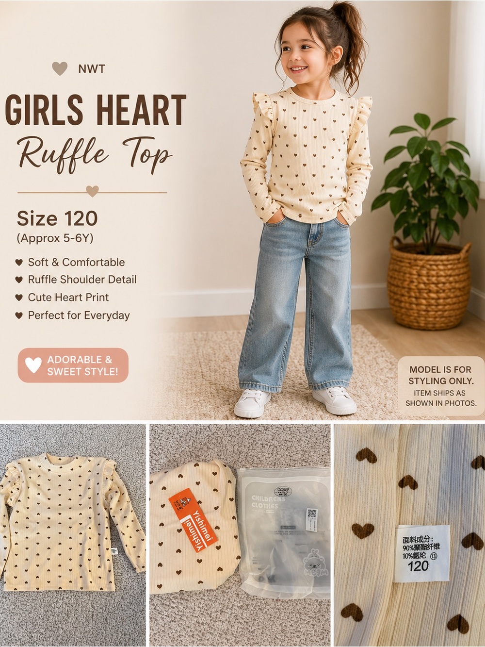 Girls Heart Print Ruffle Long Sleeve Top Size 120 (5–6Y) NWT
